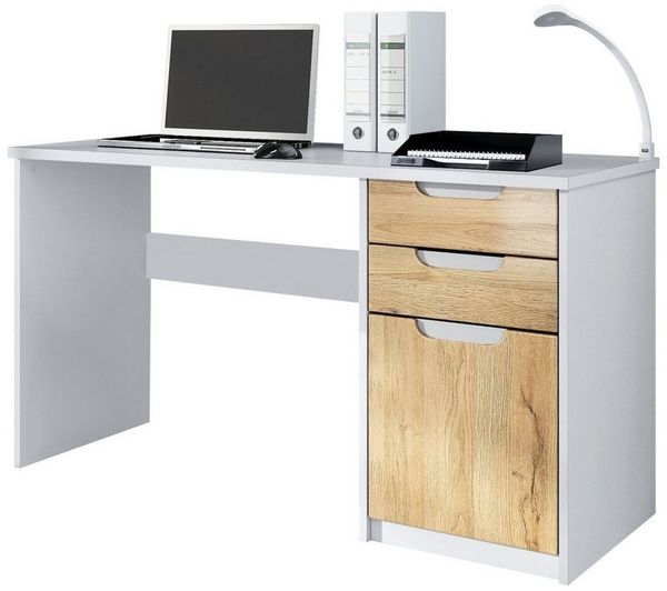 Vladon Schreibtisch Logan, Bürotisch mit 2 Schubladen und 1 Tür, Weiß matt/Eiche Natur (129 x 76 x 60 cm)