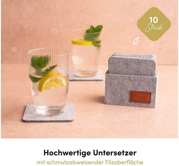 Hoffmann Germany Glasuntersetzer Filz 10×10 cm, 10er-Set mit Box, hellgrau, hitzebeständig, Zubehör für alle Gläser und Tassen bis 10 cm, Set, 11-tlg, 5 mm Filz, abwaschbar, 200°C, 90% Polyester, quadratisch