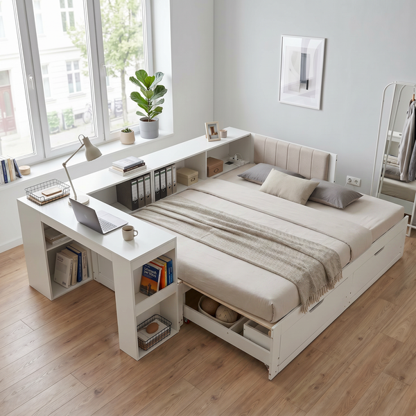 90x200 cm Extendable Bed Frame with Desk, Reading Nook, EU Power Socket & 2 Underbed Storage Drawers, All-in-One Space-Saving Bed with Slatted Base,Matte White