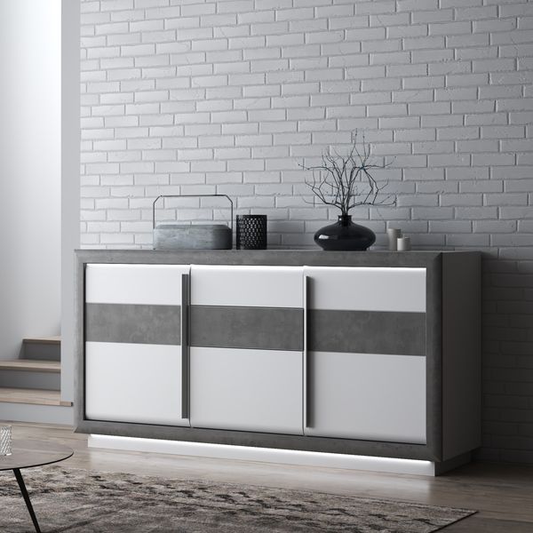 FORTE Canne Sideboard mit LED Beleuchtung, Holzwerkstoff, Weiß/Grau, 192,7 x 98,2 x 53 cm