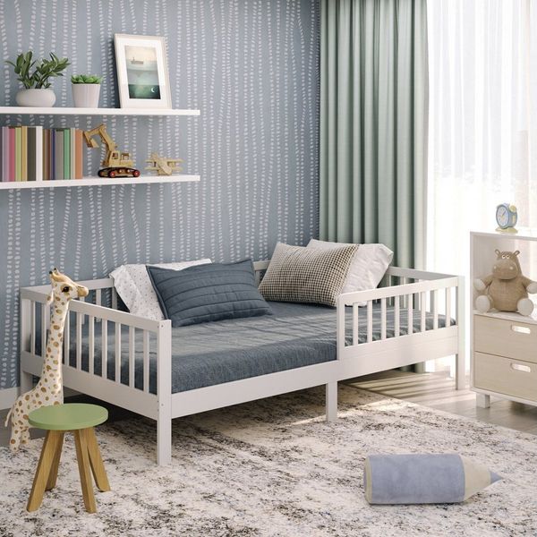 CADANI Kinderbett Nik - abnehmbarer Rausfallschutz - bis 200 kg belastbar (Jugendbett · bis 200 kg belastbar · inkl. Roll-Lattenrost), · Kiefer Massivholz · Farbe: Weiß