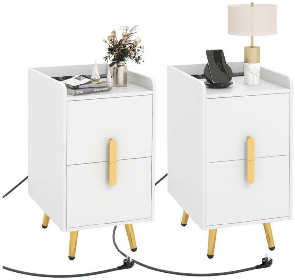 COSTWAY Nachttisch (2-St), mit Ladestation & USB-Anschlüssen & Schubladen