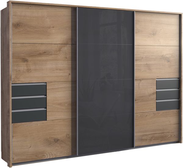 Schwebetürenschrank Kleiderschrank 3trg 273cm Eiche Dekor,Glas Grau Passepartout
