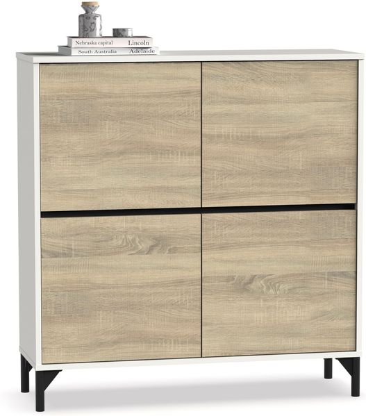 Muebles Pitarch | Eingangsschuhkipper mit Beinen, 4 Türen, Weiß und Eiche Cambrian, 20 Paar große Schuhe, 96,5 x 101 x 33 cm, Modern, Industrial, Modell Tokio