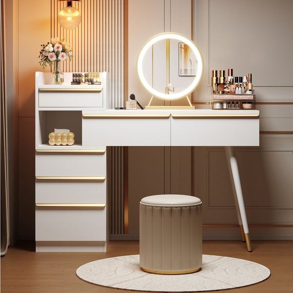 Ulife Schminktisch Kosmetiktisch mit LED-Spiegel, dimmbar, 6 Schubladen mit Goldgriffen, ausziehbare Tischplatte, flexibler Stauraum, 102 x 100 x 41,5 cm