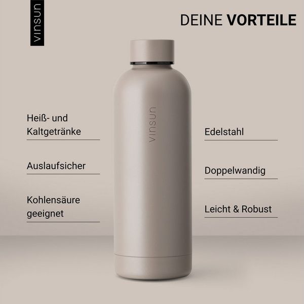 Vinsun Isolierflasche Edelstahl Flasche 500ml, Thermoflasche Kohlensäure geeignet, BPA frei, Auslaufsicher, doppelwandig, bruchsicher, geruchs- & geschmacksneutral
