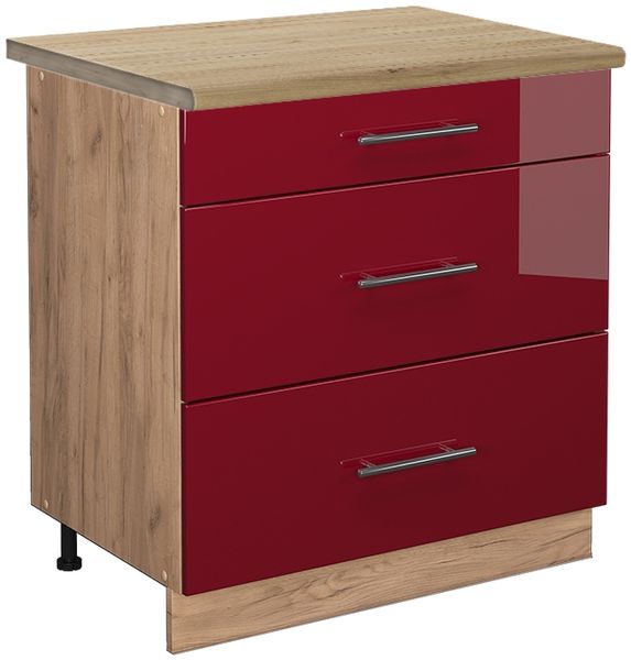 Küchenunterschrank Fame-Line Bordeaux Hochglanz 80 cm mit 3 Schubladen, AP Eiche Vicco