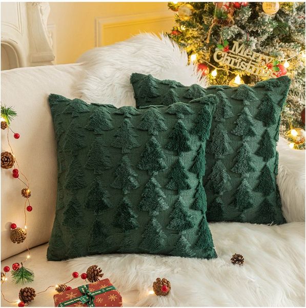 Qelus Kissenbezüge Kissenbezug Weihnachtsbaum Bestickt Zottelig Weihnachtskissen 45x45cm, (2 Stück)