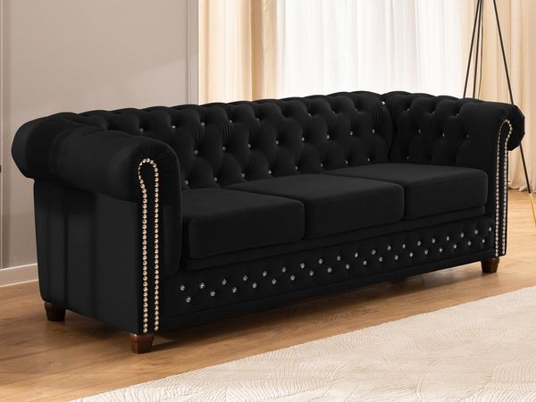 S-Style Möbel Chesterfield-Sofa 3-Sitzer mit Schlaffunktion Cleo Blink aus Samt mit Kristallsteppung, mit Wellenfederung
