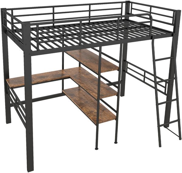 Merax Hochbett, 90*200cm , ohne Matratze, Bett mit Schreibtisch, Mehrere Regale, Geländer, Leiter, Eisenrahmen, Schwarz Bild 9