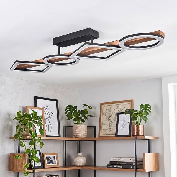 hofstein Deckenleuchte Deckenlampe aus Metall/Holz/Kunststoff in Schwarz/Holz dunkel/Weiß, 3000 Kelvin, Deckenleuchte im modernen Design, 37 Watt, 3000 Kelvin