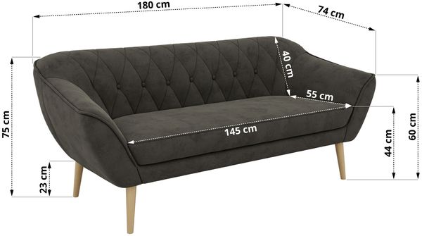 Sofa, Wohnzimmersofa PIRS 3, Skandinavisches Sofa 3-Sitzer, Sofa mit Wellenfederung, Buche Füße, Breite 180 cm Hoher Sitzkomfort - Dunkelgrau Velvet Bild 5