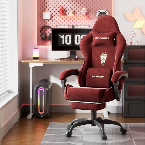Ferghana Gaming-Stuhl Racing PC Stuhl Verstellbar mit Kopf-,Lendenkissen, Fußstütze (Rückenlehne 90°-125), Ergonomisch, atmungsaktiv Gaming Chair