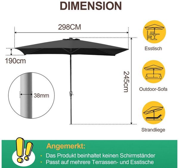 Clanmacy Sonnenschirm Sonnenschirm 200x300cm knickbar Balkonschirm Gartenschirm UV50+ Grau, LxB: 300x200 cm, Stabiler knickbar/für Garten, Balkon, Terasse/Sonnenschutz