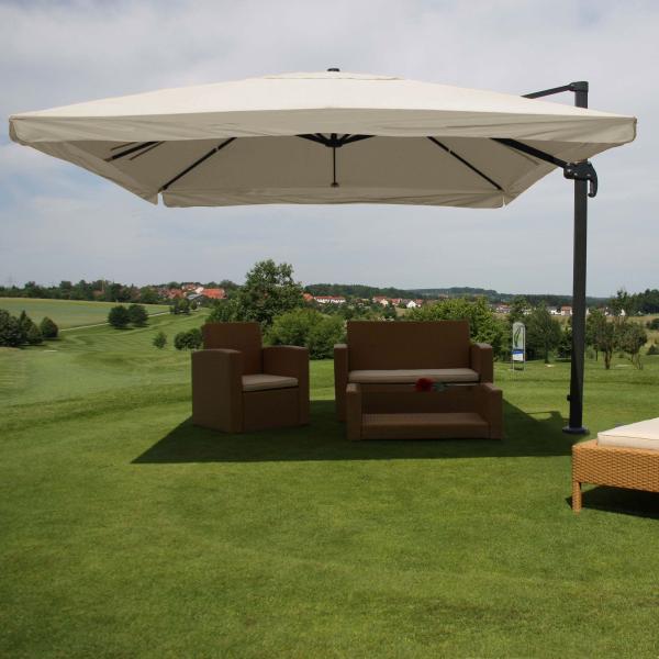 Gastronomie-Ampelschirm HWC-A96, 3,5x3,5m (Ø4,95m) Polyester/Alu 25kg ~ Flap, creme-grau ohne Ständer