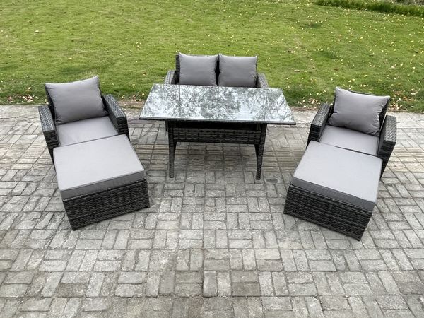 Fimous 6 Sitzer Hoher Rücken Gartengartenmöbel Rattan Sofa Esstisch Set mit Sesseln 2 Großer Hockern Dunkelgrau gemischt