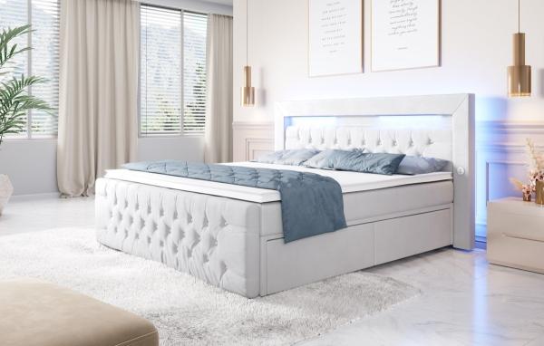 Boxspringbett Sunshine mit indirekter Beleuchtung, USB und Stauraum 140x200 Weiß H3 Bild 4