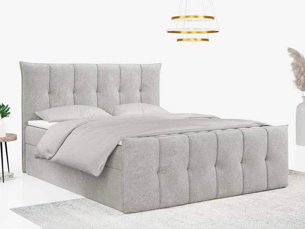 Boxspringbett, mit Fußteil, 2 Bettkästen - PREMIUM-11 - 140x200cm - Hellgrau Stoff - H4