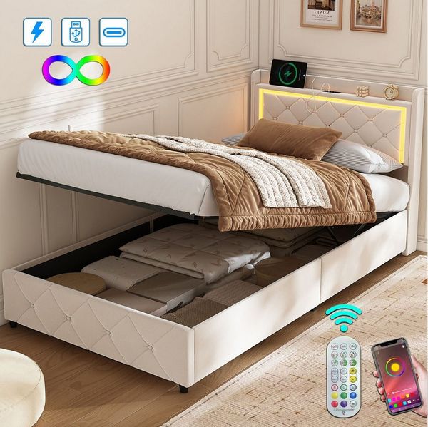 ADWOLT Polsterbett Doppelbett Stauraumbett mit Kopfteil und Lattenrost (1-tlg, Jugendbett), 90x200 cm,Mit LED-Licht und USB+Typ C,Hydraulisch anhebbarer,Samtstoff