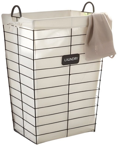 Dekoleidenschaft Wäschekorb "Laundry" aus Metall in matt-schwarz, mit Canvas Stoffeinsatz in beige, 43x33x61 cm, Wäschesammler minimalistisch, Wäschebox tragbar