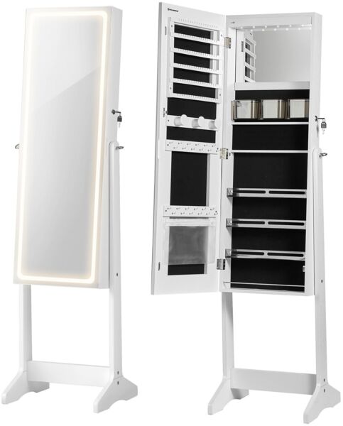 Schmuckschrank Spiegelschrank Schmuck Organizer mit LED Beleuchtung, Farbe und Helligkeit einstellbar, mit rahmenlosem Ganzkörperspiegel JJC012W01