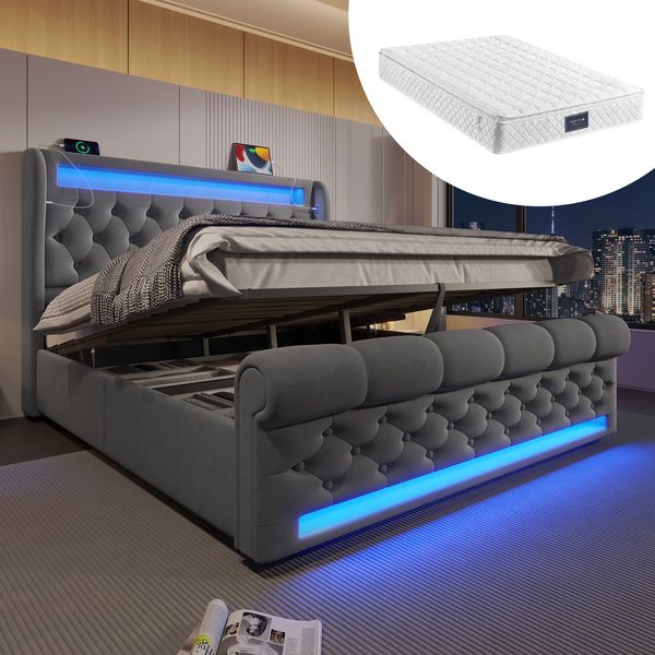 Polsterbett 160x200 cm mit Matratze, Samt in Grau, Bettkasten, LED, USB- und Type-C-Anschluss