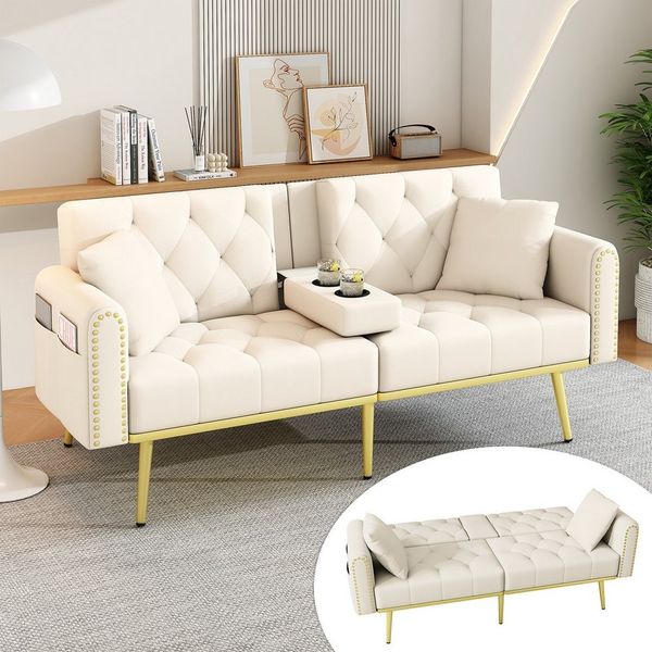 Merax Schlafsofa mit 3 verstellbaren Neigungswinkeln & ausklappbarer Liegefunktion, 2 sitzer Klappsofa Polstersofa mit bettfunktion 1 Teile, Sofa klappbar mit Getränkehalter, Zierkissen & Seitentasche, Samtbezug