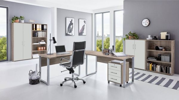 moebel-dich-auf Büromöbel-Set TABOR PRO Set 1, (abschließbar, 7-tlg, Winkelschreibtisch + Rollcontainer + 2 Aktenschränke + 2 Aktenregale), Metallgriffe