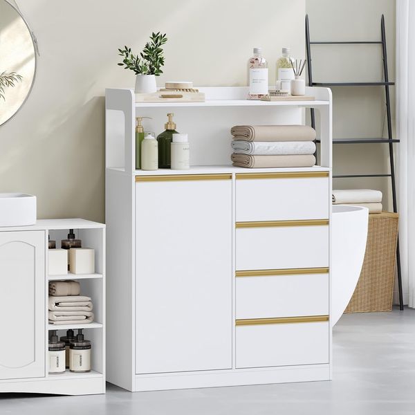 Badezimmerschrank, Küchenschrank, Aufbewahrungsschrank mit 4 Schubladen und Offenem Regal, Badschrank Hoch, Verstellbare Ablage, für Badezimmer, Wohnzimmer, Weiß, 29 x 80 x 110 cm