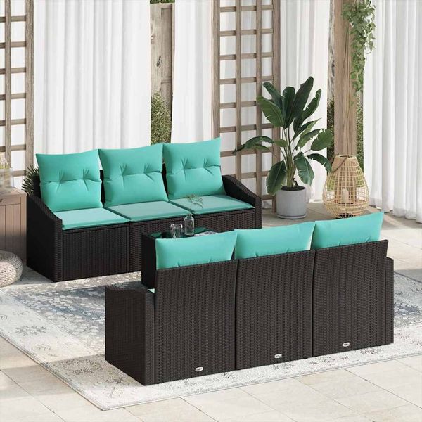 vidaXL Sofa Set mit Kissen 7 pcs Schwarz und Türkis Poly Rattan 3346616