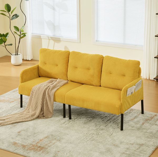 3-Sitzer Sofa 171 x 72 x 80 cm mit Seitentasche – Cordbezug in Gelb, ergonomische Rückenlehne