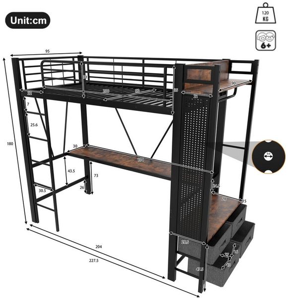 Ulife Hochbett mit Trockenstab, Einlegeböden, 4 Schubladen, USB+TYPE-C Steckdose Kinderbett Jugendbett mit Schreibtisch, 90x200cm