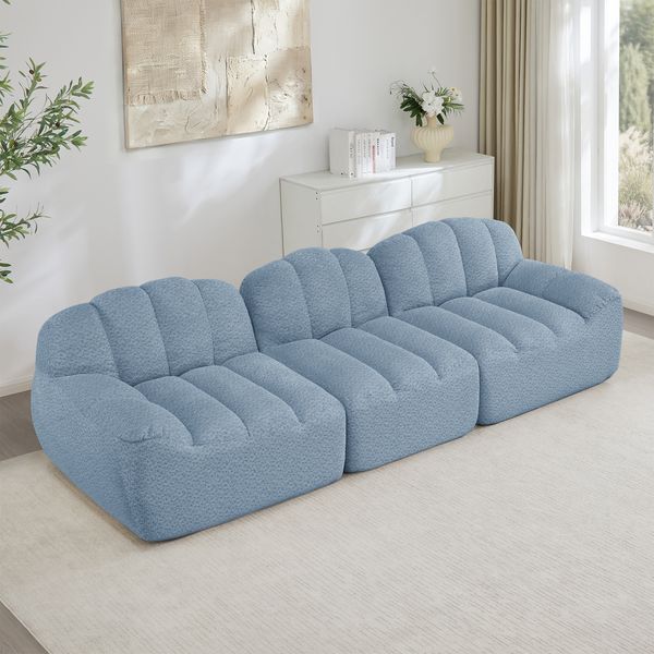 3-Sitzer modulares Sofa H 79 x T 228 x B 104 cm aus granuliertem Fleece in Blau, erweiterbar mit Ottoman