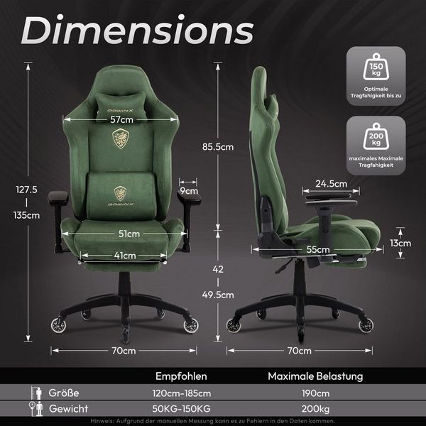 Dowinx Gaming-Stuhl Atmungsaktiver und Ergonomischer Bürostuhl aus Mikrofaser-Velours (Packung), Mikrofaser-Velours, Ausziehbarer Fußstütze, Armlehnen Verstellbar