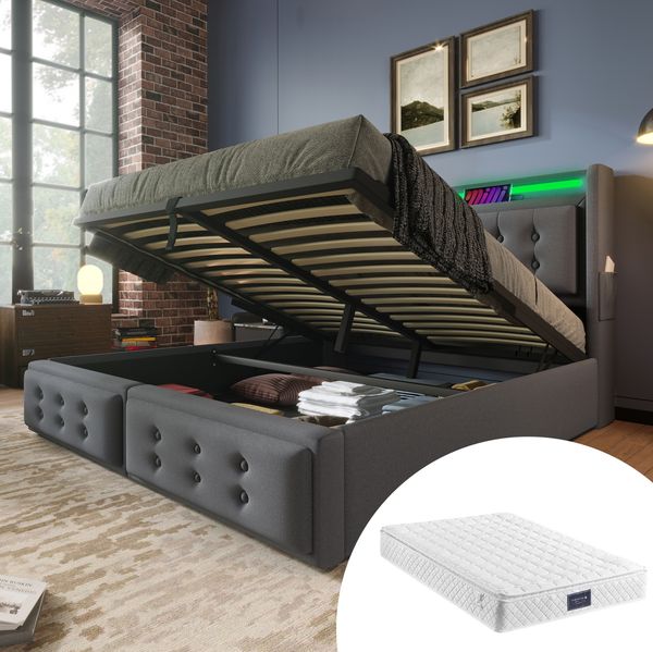 Polsterbett 160x200 cm mit Stauraum, LED und USB-C – Doppelbett aus Baumwoll-Leinenstoff in Grau
