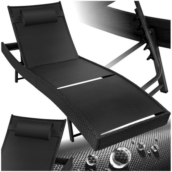 tectake Gartenliege Rattan Sonnenliege, abnehmbares Kopfkissen, 69 x 211 x 41 - 94 cm, Balkonliege Moana, 1 St, für Außen in Schwarz, widerstandsfähig und UV-beständig, luftdurchlässig, verstellbar