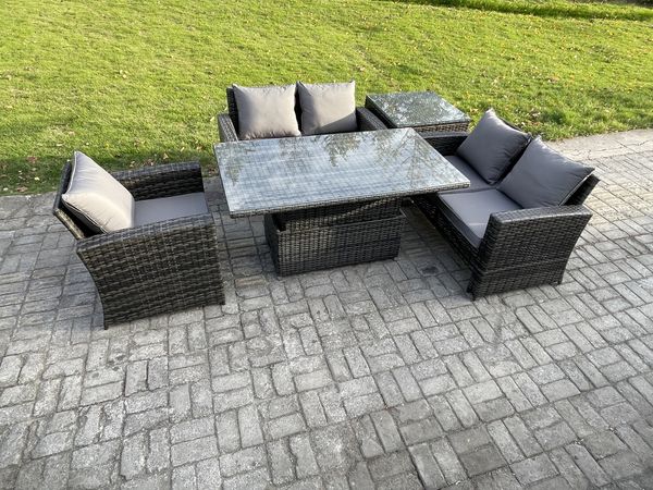 Fimous 5pcs Rattan Gartenmöbel im Freien Set Einstellbare Höhe Esstisch Sofa Set mit Beistelltische Dunkelgrau Gemischt