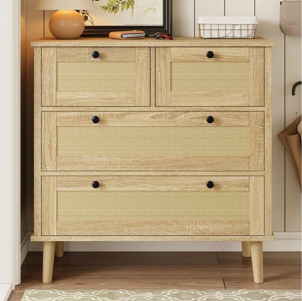 Merax Sideboard mit 4 Rattanschubladen & Massivholzbeinen (80 L x 40 B x 80 H (cm), 1 St, perfekt für Schlafzimmer, Wohnzimmer & Flur), Kommode Buffetschrank Aufbewahrungsschrank Anrichte mit viel Stauraum
