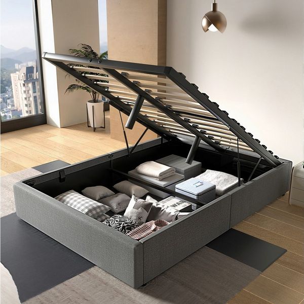 oyajia Polsterbett Hydraulisches Doppelbett mit bettkasten 140x200 cm,Stauraumbett Modern (Leinenmaterial Polsterbett, Mit Lattenrost, Einfaches Design), Hydraulisch anhebbarer Doppelbett, einfache Montage
