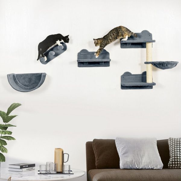 PawHut Katzen-Kletterwand 4 tlg. mit Kaztentreppe, Hängematte, Sprungplatt, Wandkratzbaum, für Katzen bis 5 kg, Polyester, grau