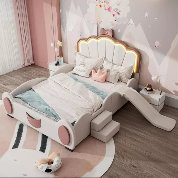 Prinzessinbett mit Rutsche und LED-Beleuchtung, 140x200 cm, Mädchenbett, Polsterbett für Mädchen, Doppelbett, Kunstleder