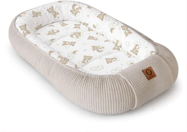 Babynestchen Neugeborene – Nestchen Baby aus Waffel Baumwolle & Baumwollstoff – Babynest für Babybett & Kinderbett – Baby Kokon Tragbar – OEKO-TEX zertifiziert – Zubehör für Babybett - Teddy und Sand