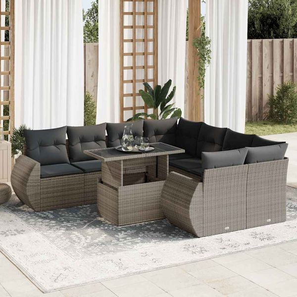 vidaXL 9-tlg. Garten-Sofagarnitur mit Kissen Grau Poly Rattan 3326611