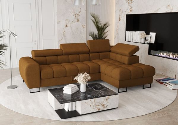Ecksofa Schlafsofa BASTIEN in Stoff Moly Rostbraun Ottomane Rechts