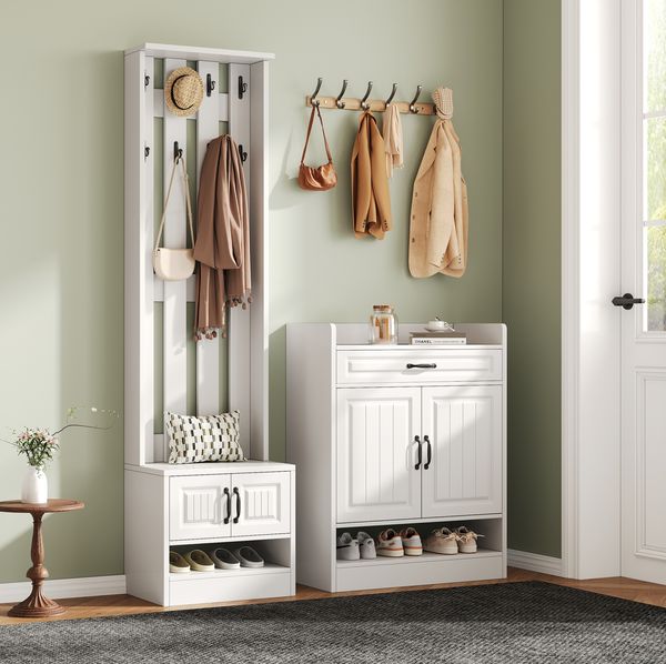 Garderobenset 125 x 36 x 190 cm aus Spanplatte, mit Schuhbank, Schuhschrank, 4 Türen und 1 Schublade