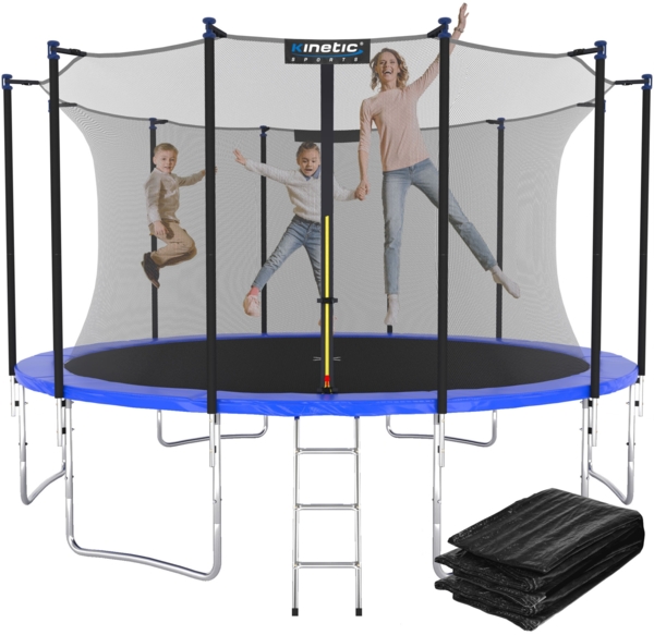 KINETIC SPORTS Trampolin Outdoor 'Salto Plus' - Komplett-Set für Kinder, USA Sprungtuch, Netz, Randpolster, Leiter - bis zu 160kg, Blau-2, Ø 366 cm