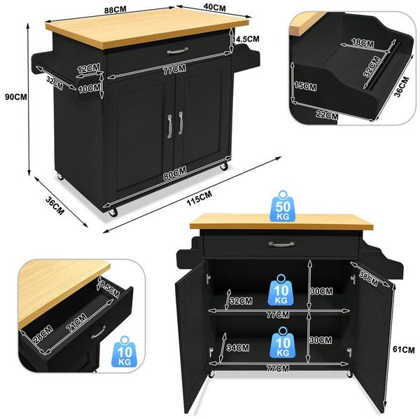 FIVMEN Küchenwagen Kücheninselwagen auf Rollen Küchen Wagen Küchenschrank 115x36x90cm, Für Küche, Wohnzimmer, Esszimmer