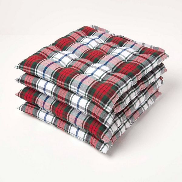 Homescapes Stuhlkissen Sitzkissen Macduff mit Schottenmuster, 100% Baumwolle, 4er-Set