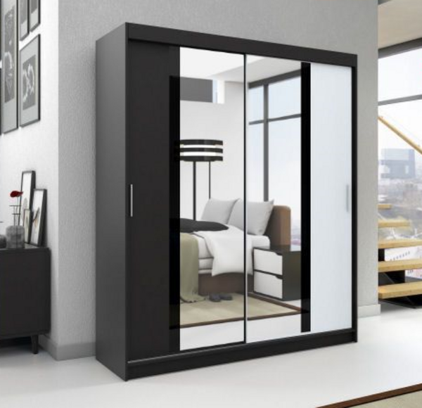 Schwebetürenschrank BRANI 2-türig Schrank 120 cm (mit Spiegel) Farbe: Schwarz , weiß