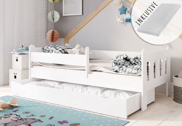 Kids Collective Kinderbett 80x160 | 80x180 | 90x200 cm mit Matratze, Schublade, Rausfallschutz & Lattenrost in weiß 160x80 Mädchen Jungen Bett